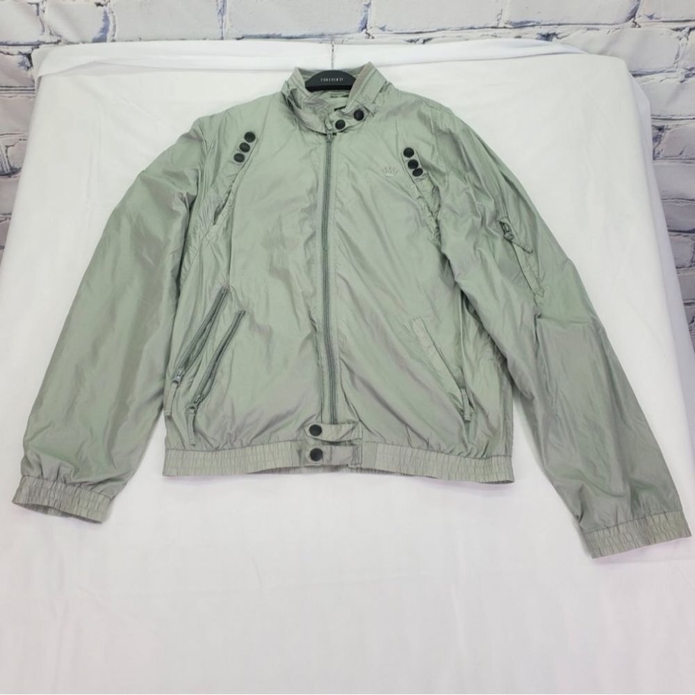 Junk De Luxe Men's Windbreaker Jacket Bomber Gray Silver 100% Nylon Size Large
